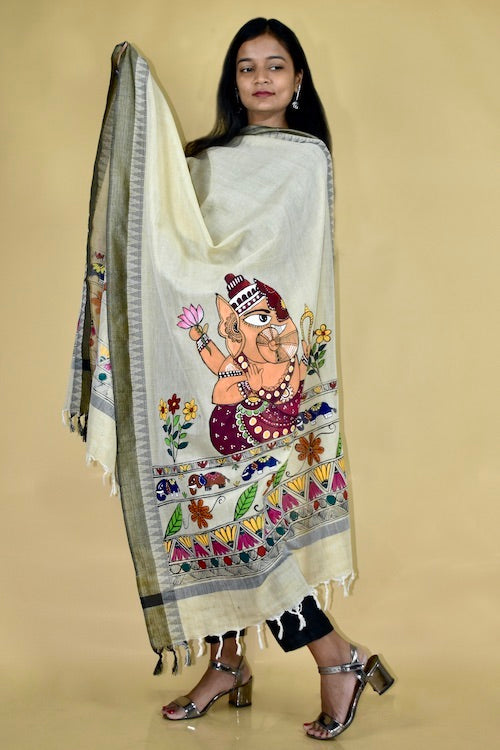 Diorama Designs Madhubani Hand-Painted  "Krishna Kanta" Cotton Dupatta