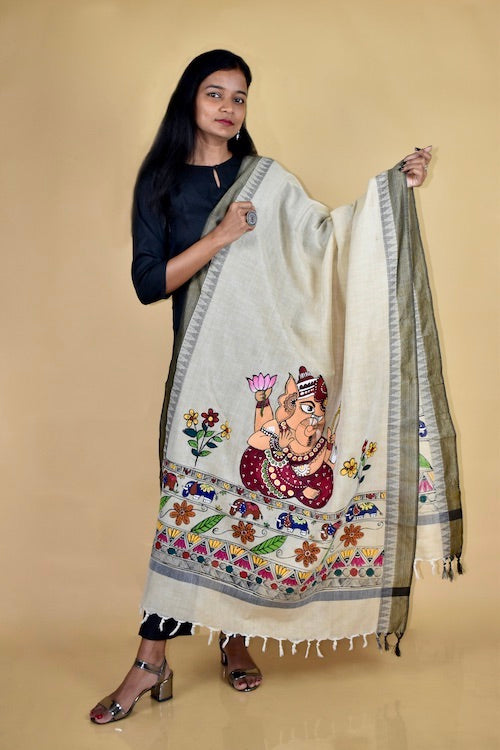 Diorama Designs Madhubani Hand-Painted  "Krishna Kanta" Cotton Dupatta