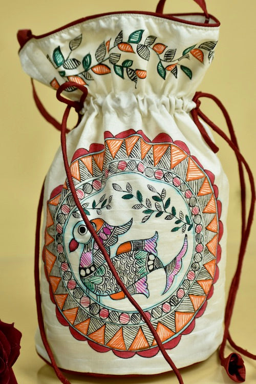 Diorama Designs White Silk Handpainted Madhubani Potli