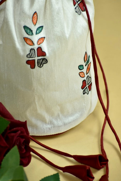 Diorama Designs White Silk Handpainted Madhubani Potli