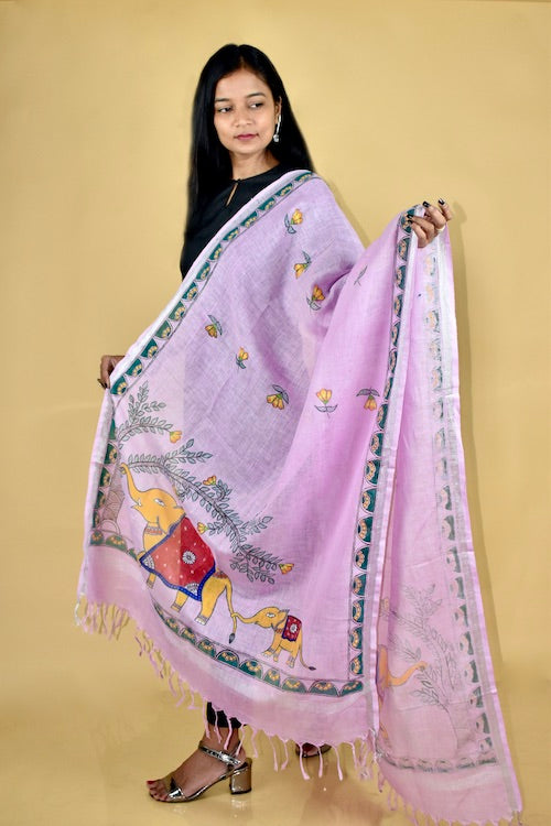 Diorama Designs Pink Madhubani Hand-Painted Linen Dupatta