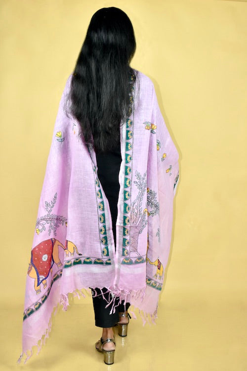 Diorama Designs Pink Madhubani Hand-Painted Linen Dupatta