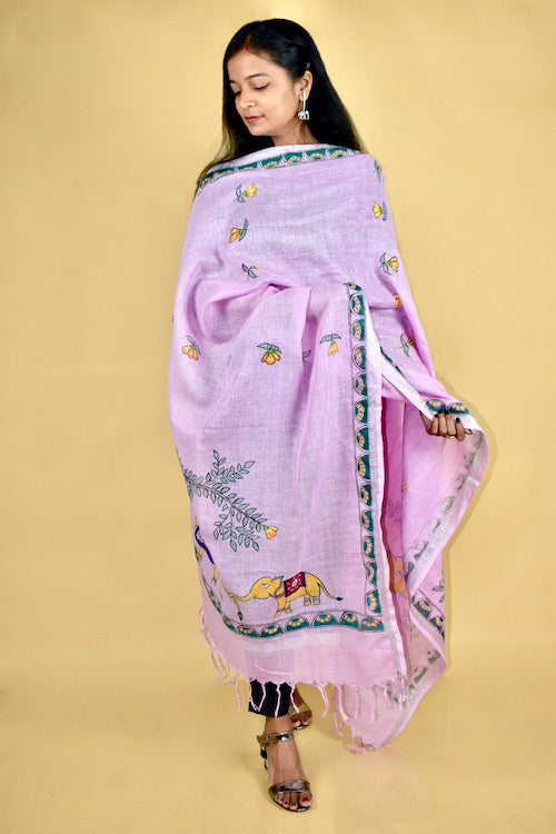 Diorama Designs Pink Madhubani Hand-Painted Linen Dupatta