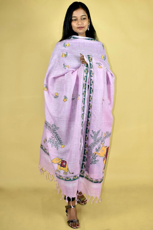 Diorama Designs Pink Madhubani Hand-Painted Linen Dupatta