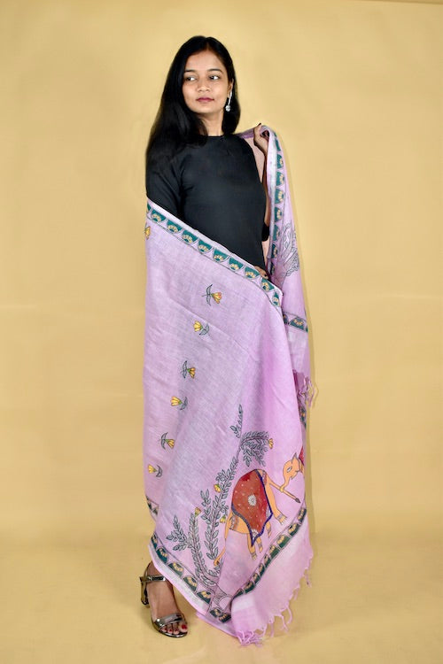 Diorama Designs Pink Madhubani Hand-Painted Linen Dupatta