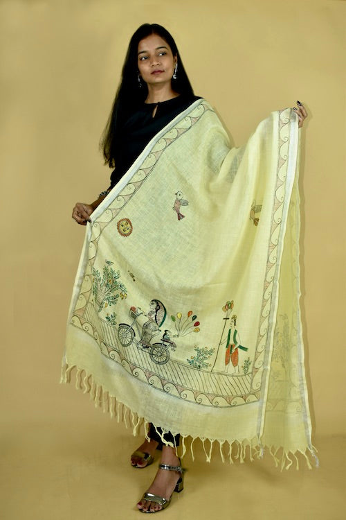 Diorama Designs Madhubani Hand-Painted "Mother Daughter" Linen Dupatta