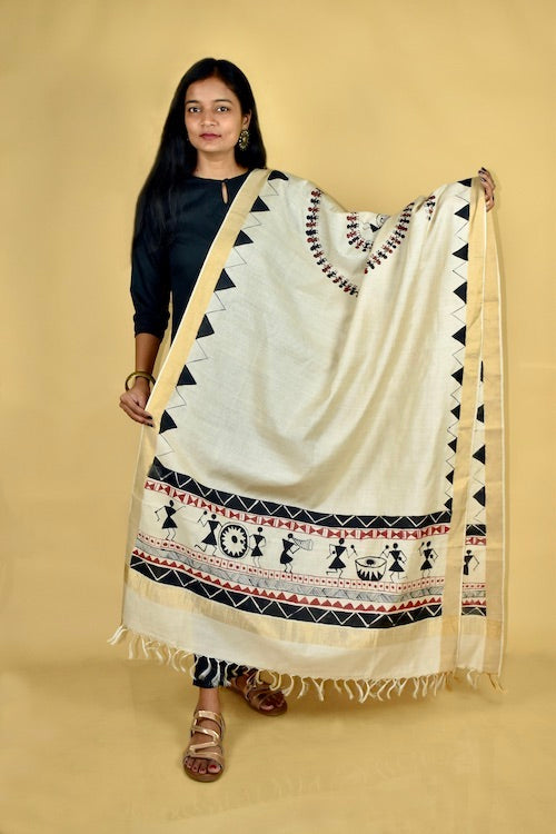 Diorama Designs Warli Hand-Painted Tussar Silk Dupatta