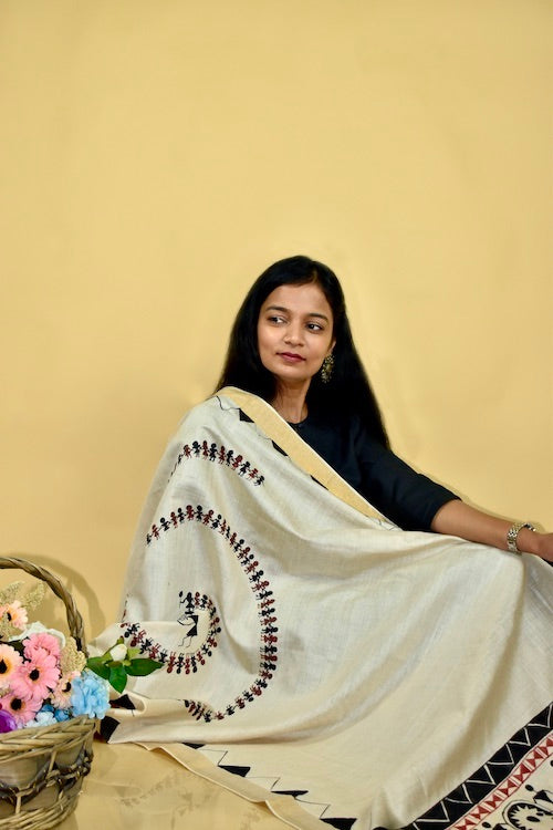 Diorama Designs Warli Hand-Painted Tussar Silk Dupatta