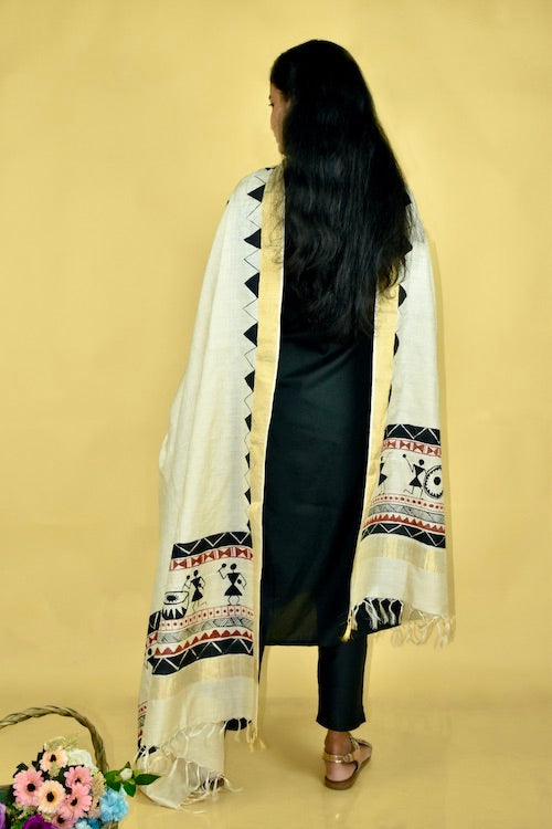 Diorama Designs Warli Hand-Painted Tussar Silk Dupatta