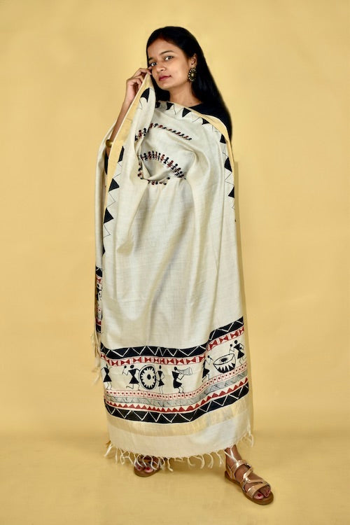 Diorama Designs Warli Hand-Painted Tussar Silk Dupatta