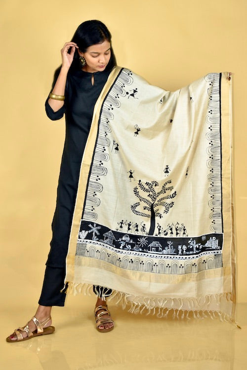 Diorama Designs Warli Hand-Painted Traditional Tussar Silk Dupatta