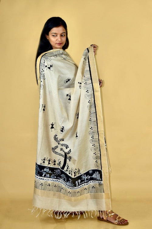 Diorama Designs Warli Hand-Painted Traditional Tussar Silk Dupatta