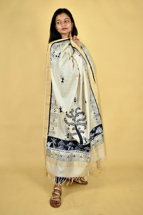 Diorama Designs Warli Hand-Painted Traditional Tussar Silk Dupatta