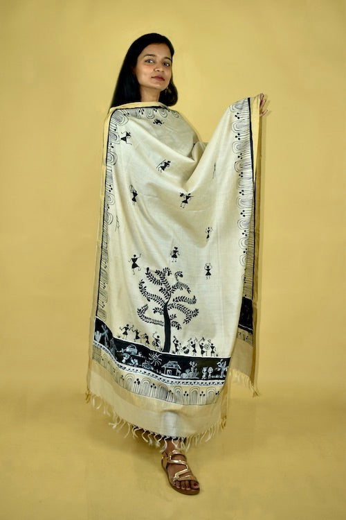 Diorama Designs Warli Hand-Painted Traditional Tussar Silk Dupatta