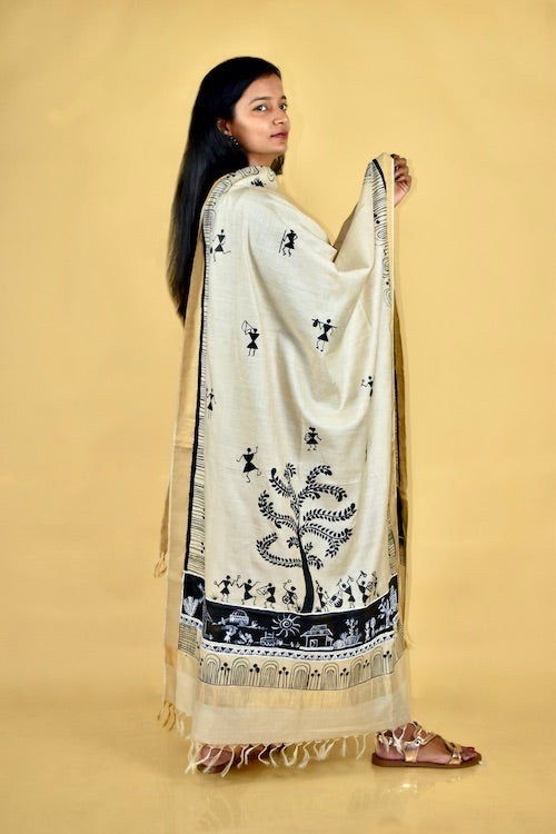 Diorama Designs Warli Hand-Painted Traditional Tussar Silk Dupatta