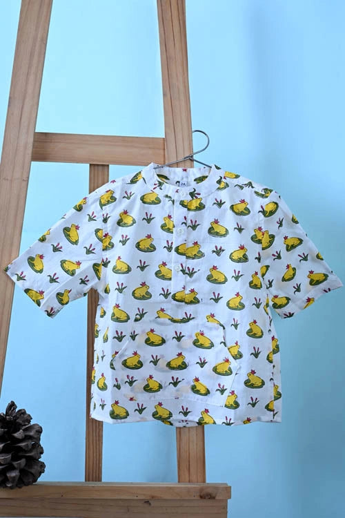 Poddar Exports Yellow Frog Kids Cotton Hoodie Kurta Shirt