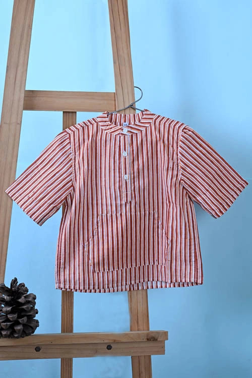 Poddar Exports Brown Stripes Kids Cotton Hoodie Kurta Shirt