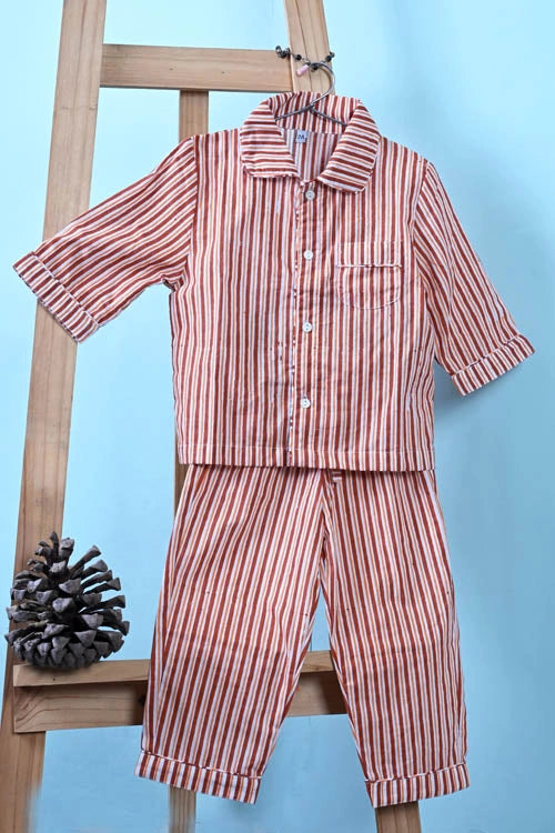 Poddar Exports Brown Stripes Kids Cotton Night Suit Set