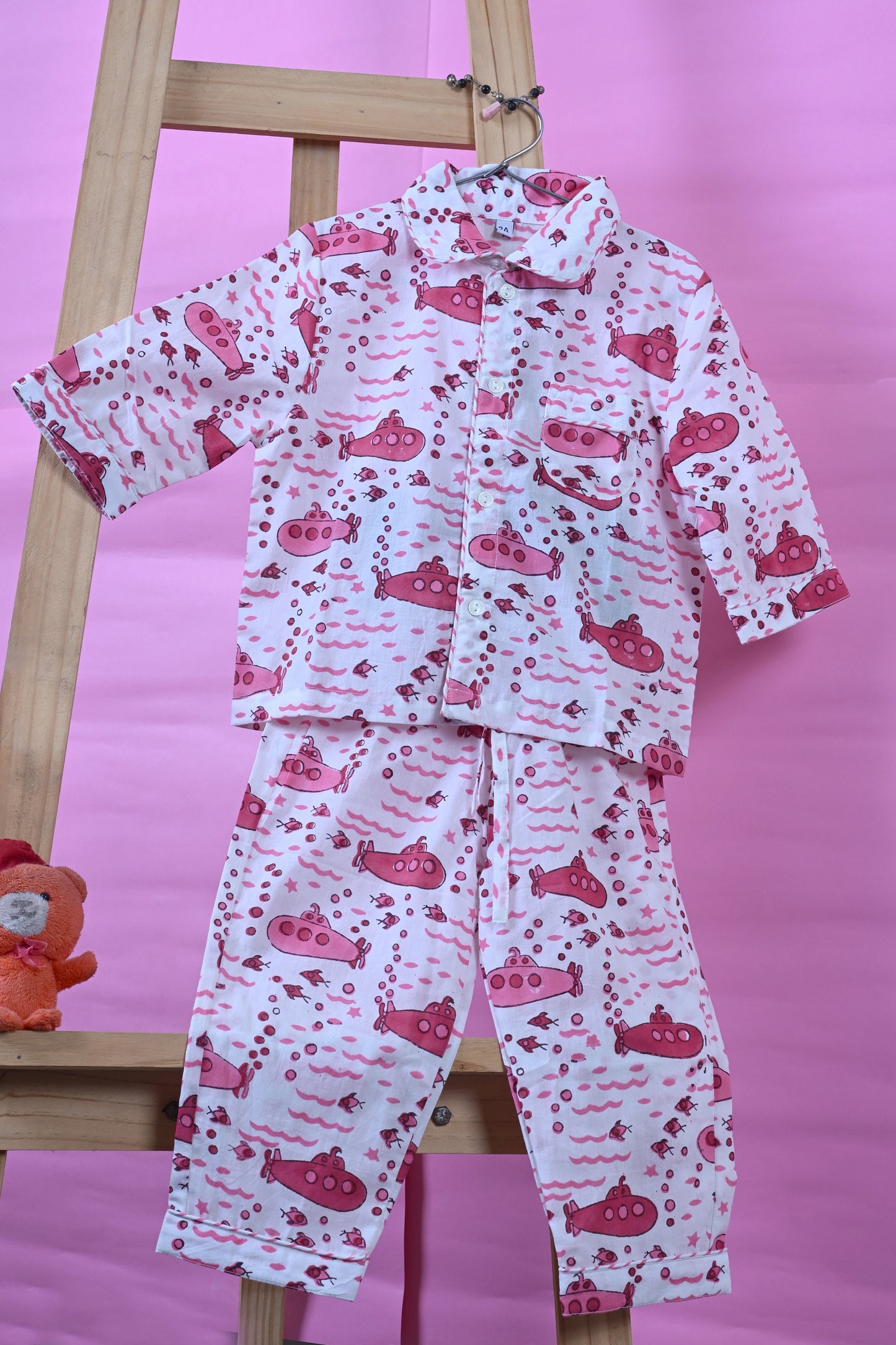 Poddar Exports Pink Submarine Kids Cotton Night Suit Set