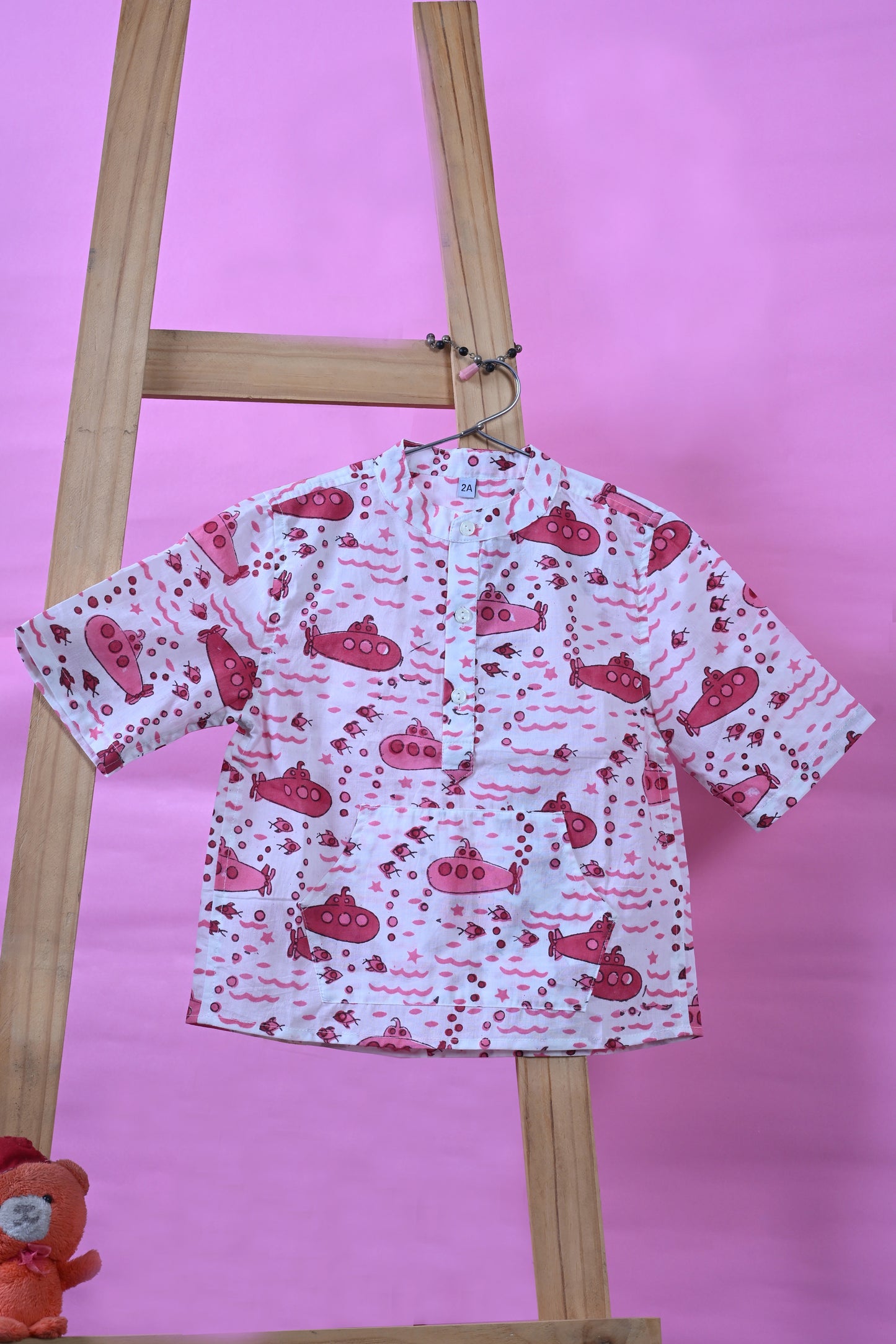 Poddar Exports Pink Submarine Kids Cotton Hoodie Kurta Shirt