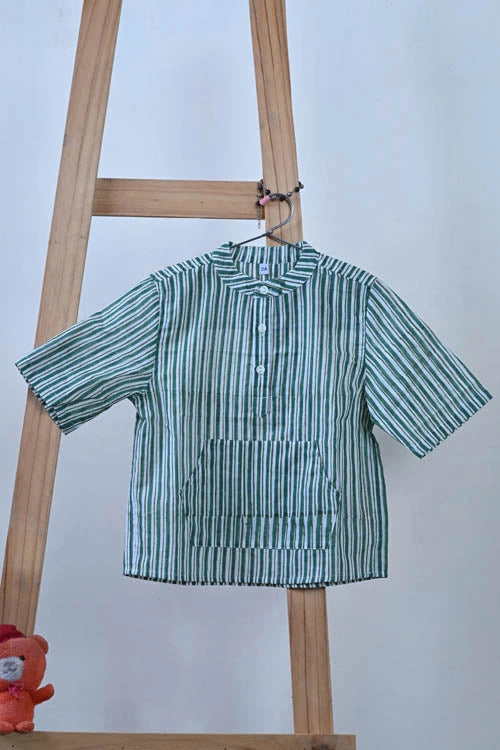 Poddar Exports Green Stripes Kids Cotton Hoodie Kurta Shirt