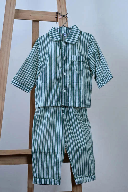 Poddar Exports Green Stripes Kids Cotton Night Suit Set