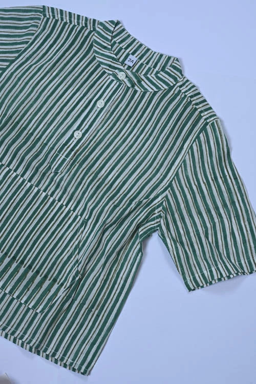 Poddar Exports Green Stripes Kids Cotton Hoodie Kurta Shirt
