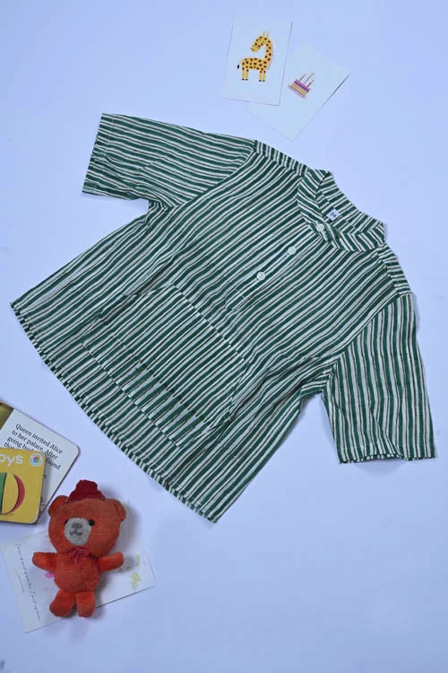 Poddar Exports Green Stripes Kids Cotton Hoodie Kurta Shirt