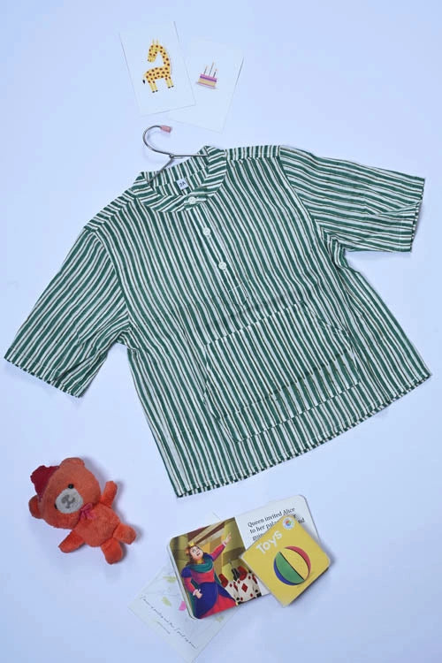 Poddar Exports Green Stripes Kids Cotton Hoodie Kurta Shirt