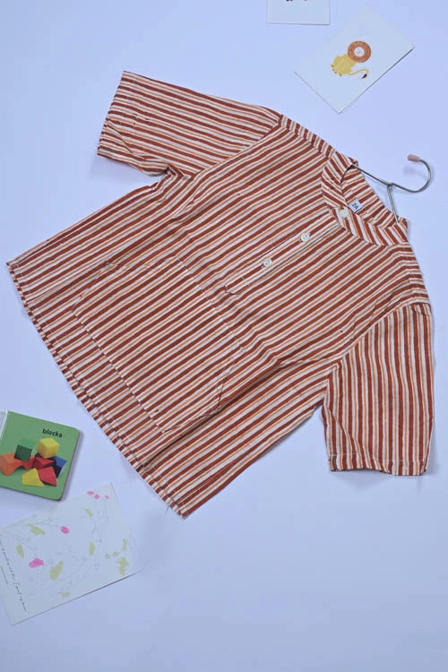 Poddar Exports Brown Stripes Kids Cotton Hoodie Kurta Shirt