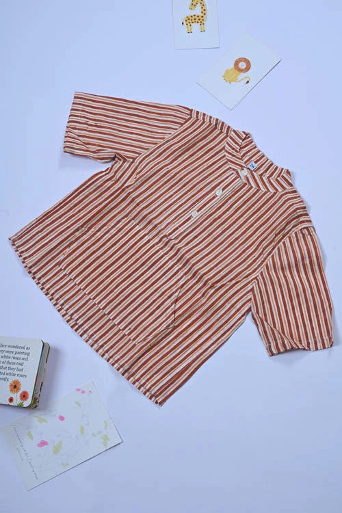 Poddar Exports Brown Stripes Kids Cotton Hoodie Kurta Shirt
