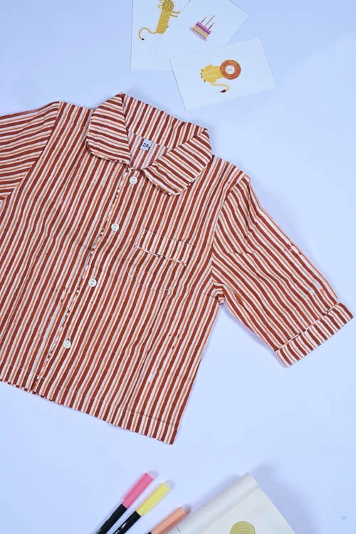 Poddar Exports Brown Stripes Kids Cotton Night Suit Set