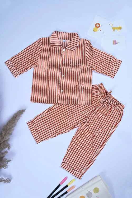 Poddar Exports Brown Stripes Kids Cotton Night Suit Set