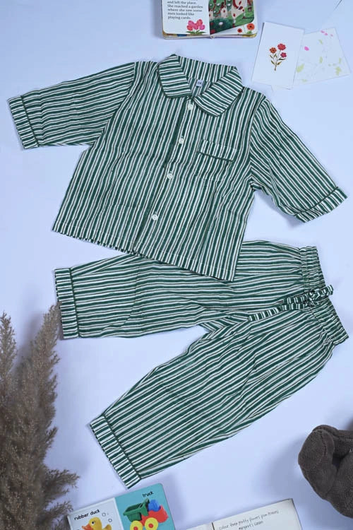 Poddar Exports Green Stripes Kids Cotton Night Suit Set