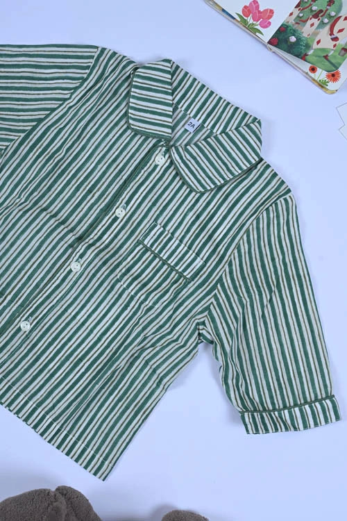 Poddar Exports Green Stripes Kids Cotton Night Suit Set