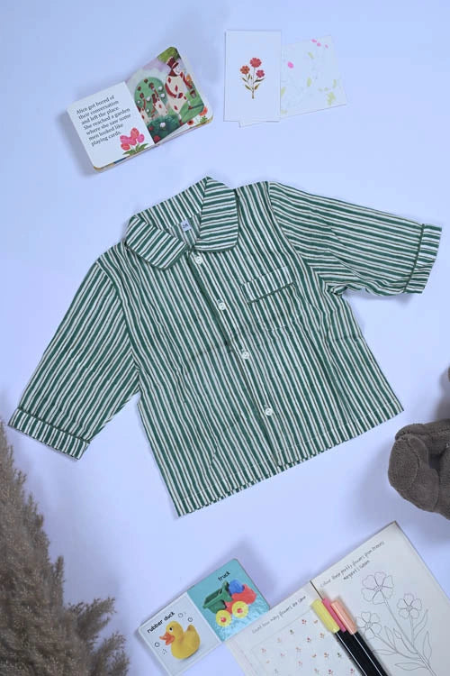 Poddar Exports Green Stripes Kids Cotton Night Suit Set