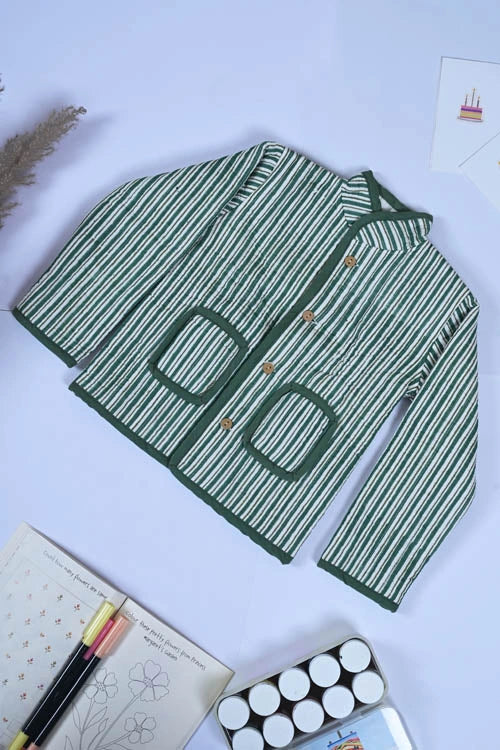 Poddar Exports Green Stripes Kids Quilted Jacket