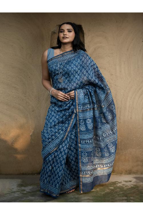 TICH Dabu Hand Block Printed Chanderi Saree - Blue Flora