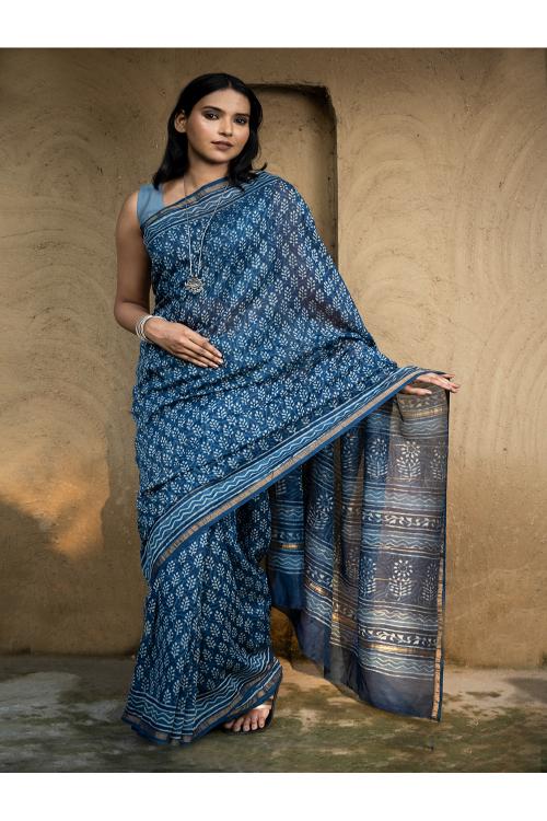 TICH Dabu Hand Block Printed Chanderi Saree - Blue Flora