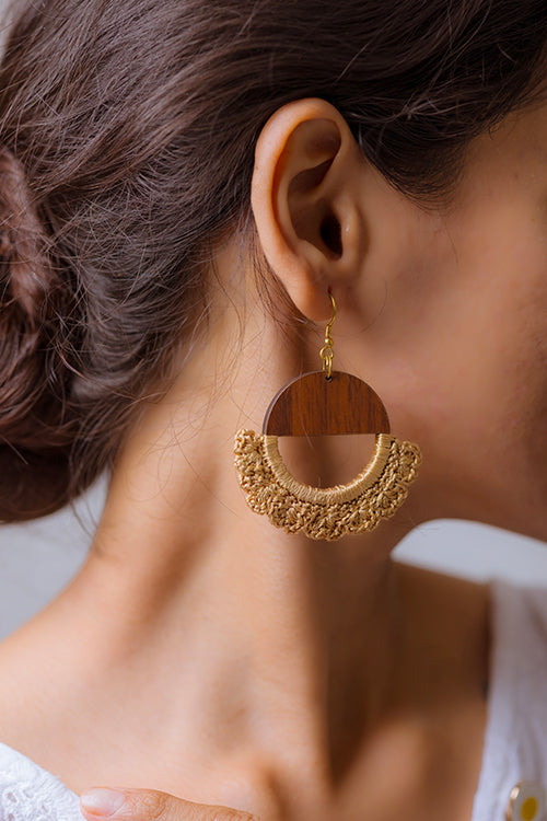 Samoolam Handmade Crescent Moon Beige, Brown Earrings Beige