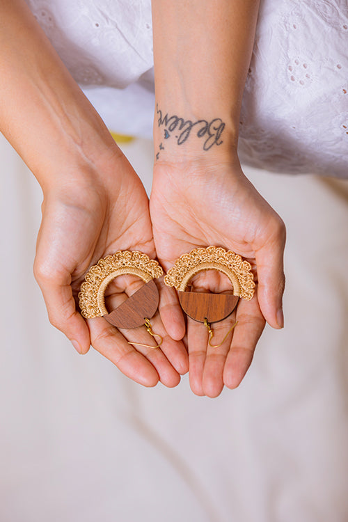 Samoolam Handmade Crescent Moon Beige, Brown Earrings Beige