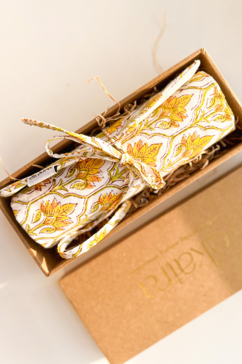 Ekatra Yellow Floral Durable Cotton Fabric Roll Up Case( Set Of 2 )
