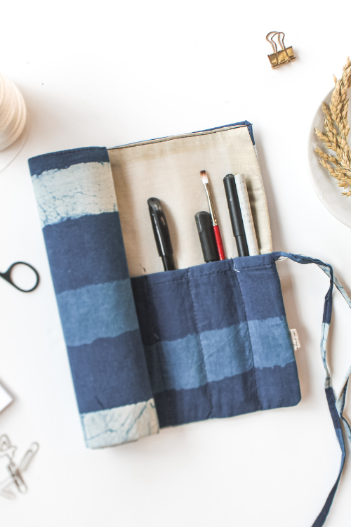 Ekatra Indigo Stripes Durable Cotton Fabric Roll Up Case( Set Of 2 )