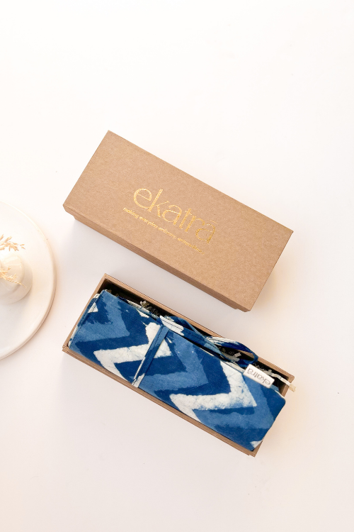 Ekatra Indigo Chevron Durable Cotton Fabric Roll Up Case ( Set Of 2 )