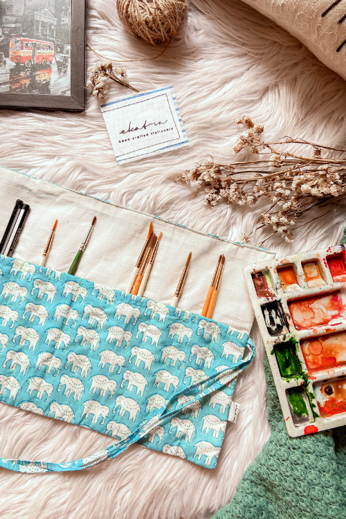 Ekatra Elephant Motif Durable Cotton Fabric Roll Up Case ( Set Of 2 )