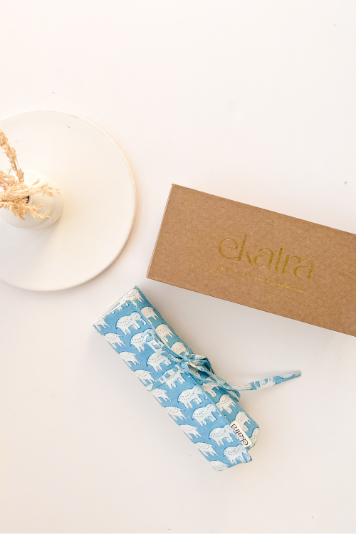 Ekatra Elephant Motif Durable Cotton Fabric Roll Up Case ( Set Of 2 )