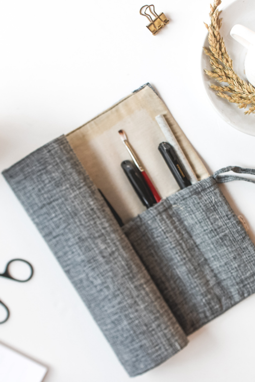 Ekatra Solid Grey Stripes Durable Cotton Fabric Roll Up Case ( Set Of 2 )