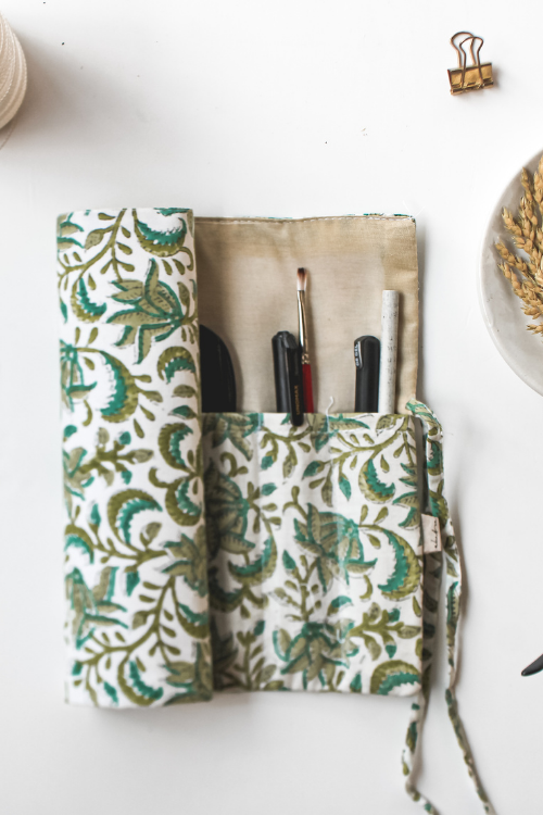 Ekatra Green Leafy Floral Durable Cotton Fabric Roll Up Case( Set Of 2 )