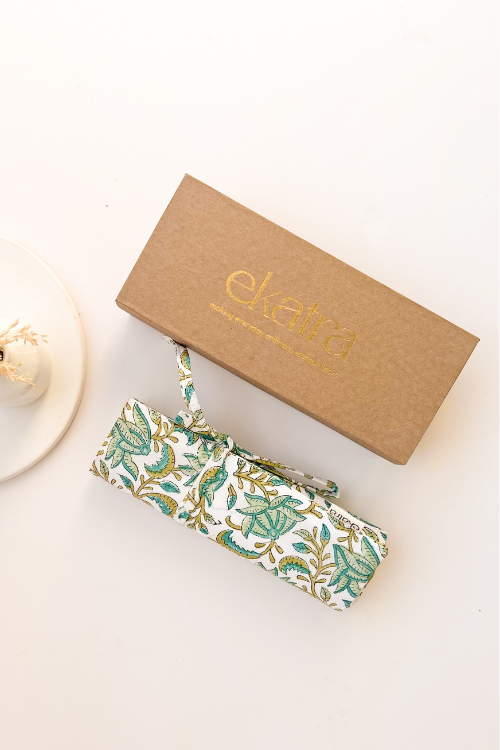 Ekatra Green Leafy Floral Durable Cotton Fabric Roll Up Case( Set Of 2 )