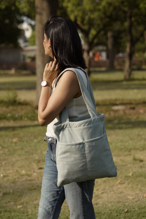 Ekatra Minimalist Corduroy Day Tote - Sage